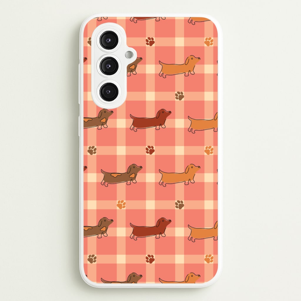 Tartan Dachshunds And Paws Pattern - Dog Patterns Phone Case for Galaxy S23FE