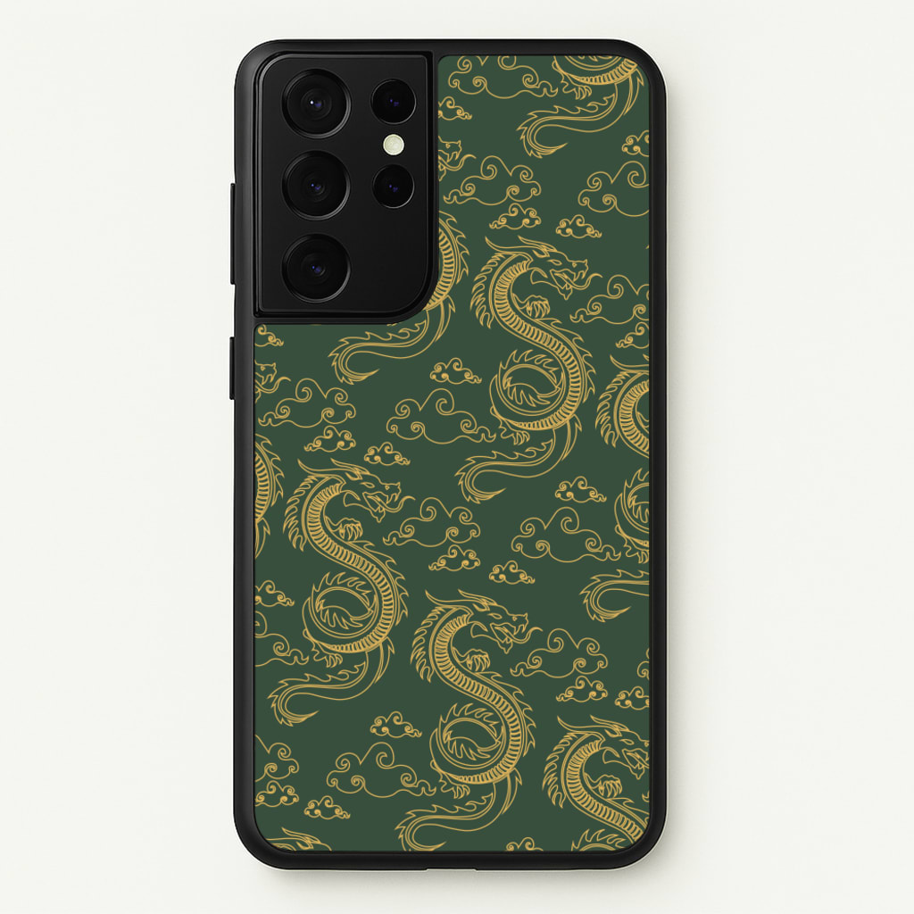 Green And Gold Dragon Pattern - Dragon Patterns Phone Case for Galaxy S21 Ultra