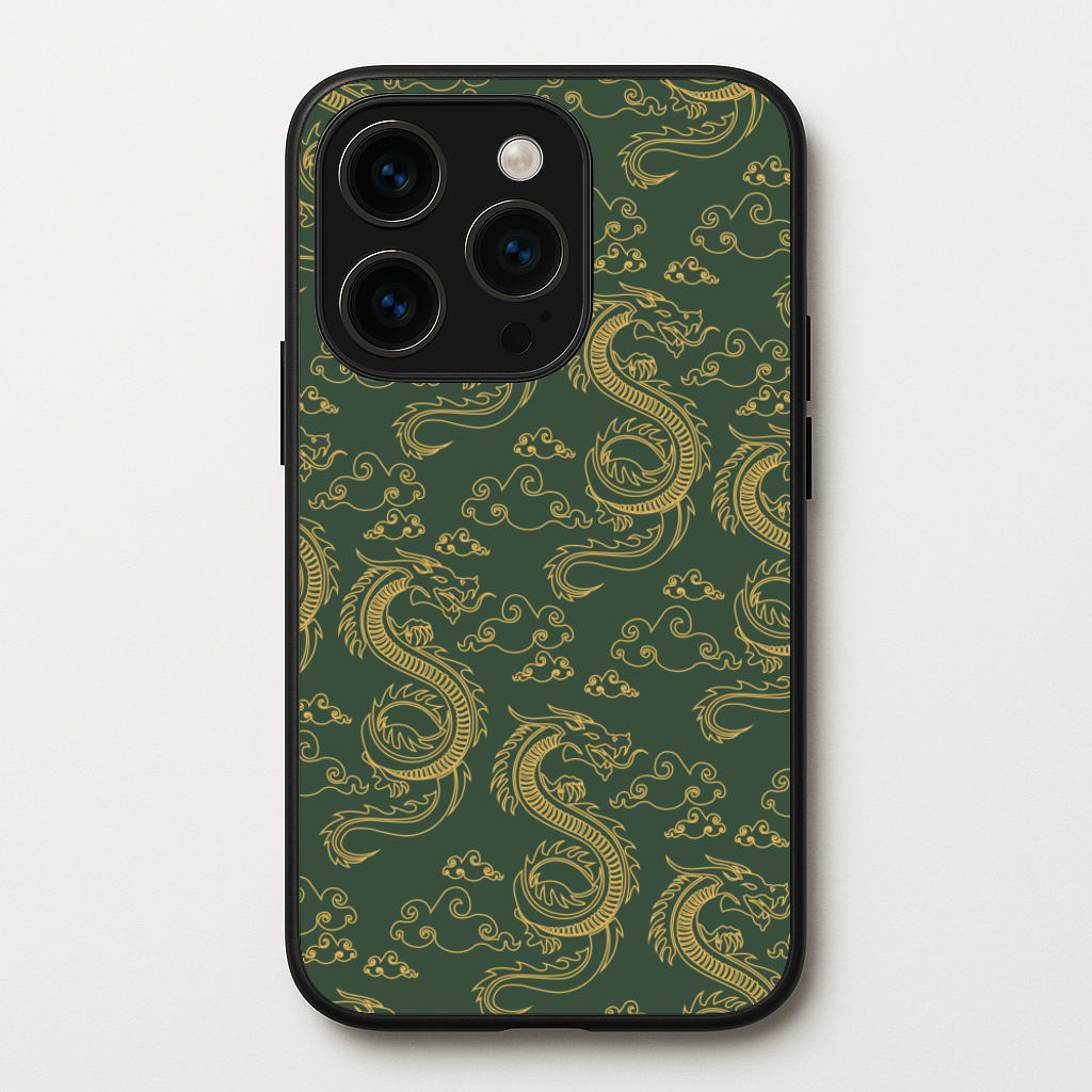 Green And Gold Dragon Pattern - Dragon Patterns Phone Case for iPhone 15 Pro Max