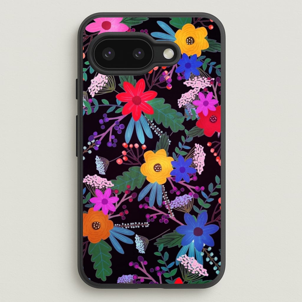 Black & Colourful Floral Pattern - Floral Phone Case for Google Pixel 9a