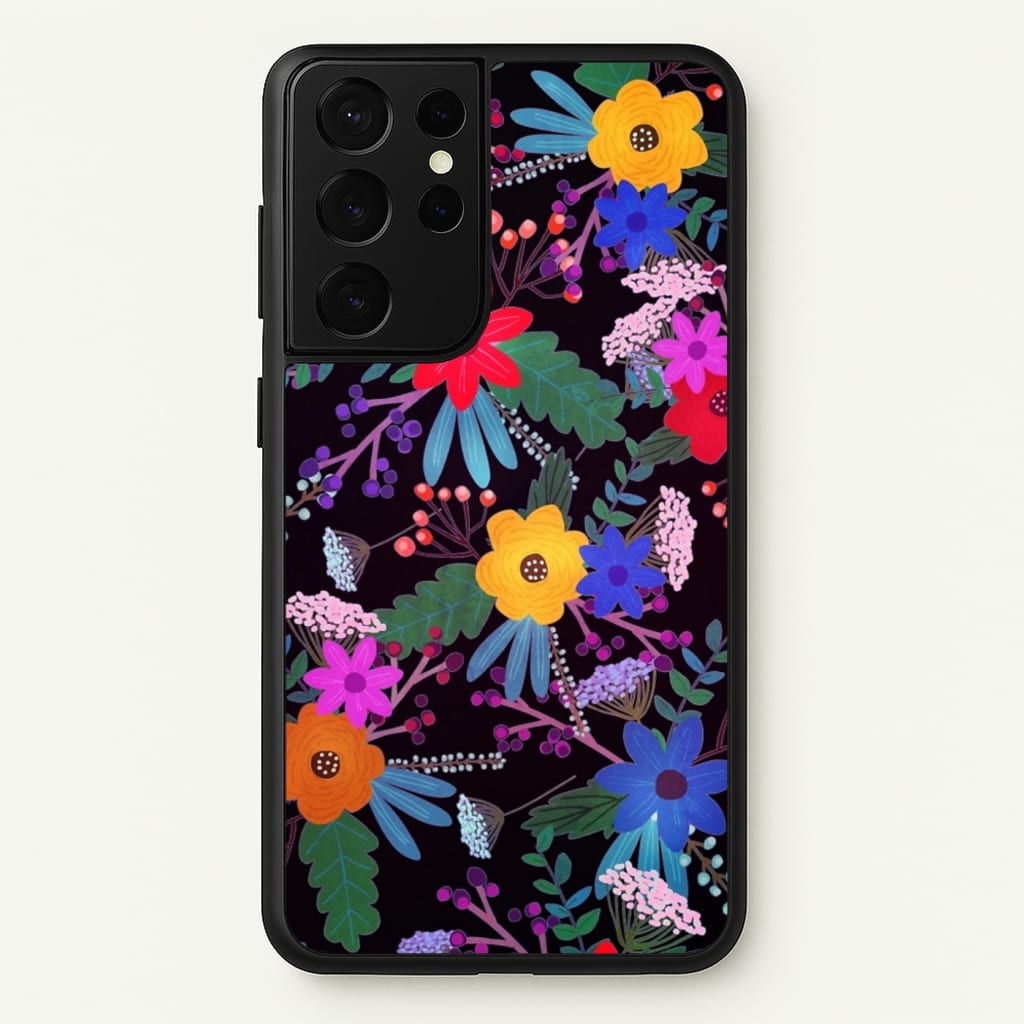 Black & Colourful Floral Pattern - Floral Phone Case for Galaxy S21 Ultra