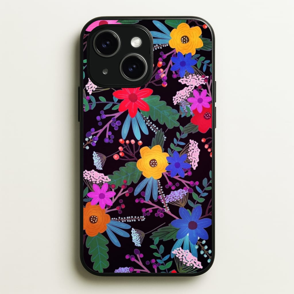 Black & Colourful Floral Pattern - Floral Phone Case for iPhone 14 Plus