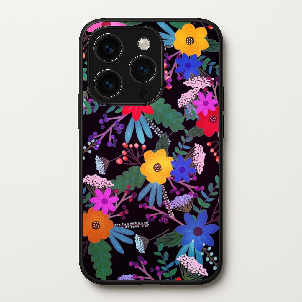 Black & Colourful Floral Pattern - Floral Phone Case for iPhone 14 Pro