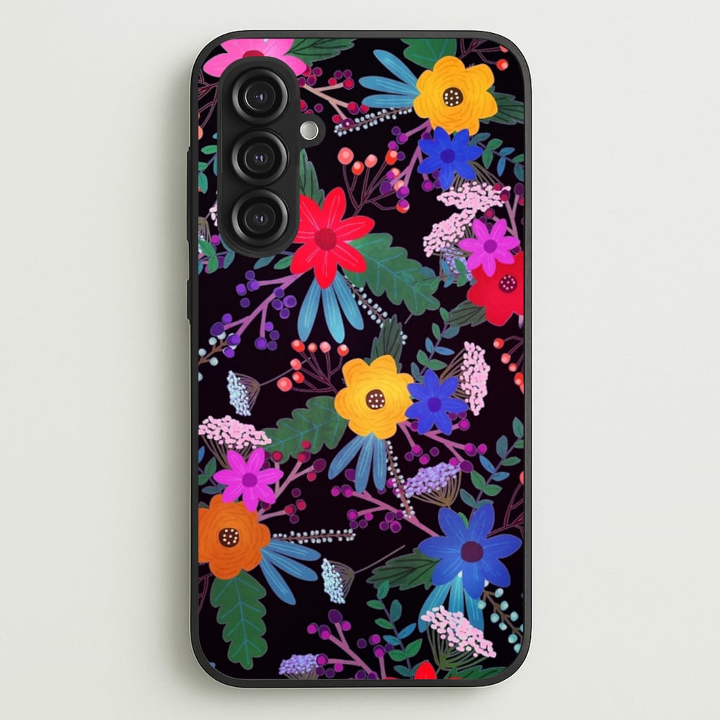 Black & Colourful Floral Pattern - Floral Phone Case for Galaxy S23FE