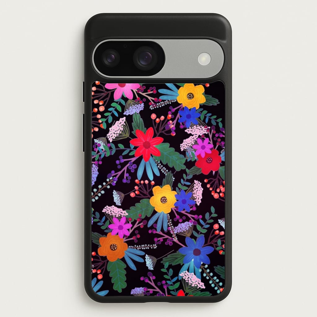 Black & Colourful Floral Pattern - Floral Phone Case for Google Pixel 9 / 9 Pro