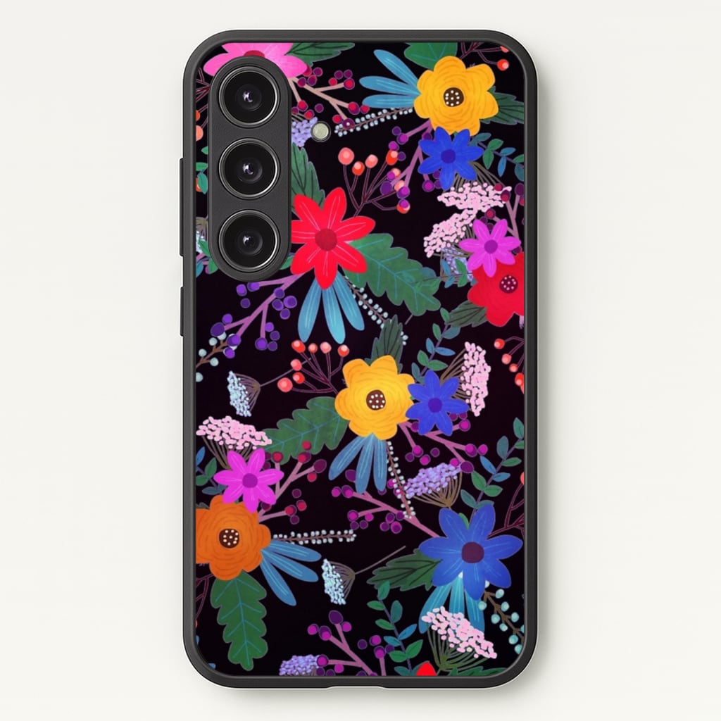 Black & Colourful Floral Pattern - Floral Phone Case for Galaxy S24 Plus