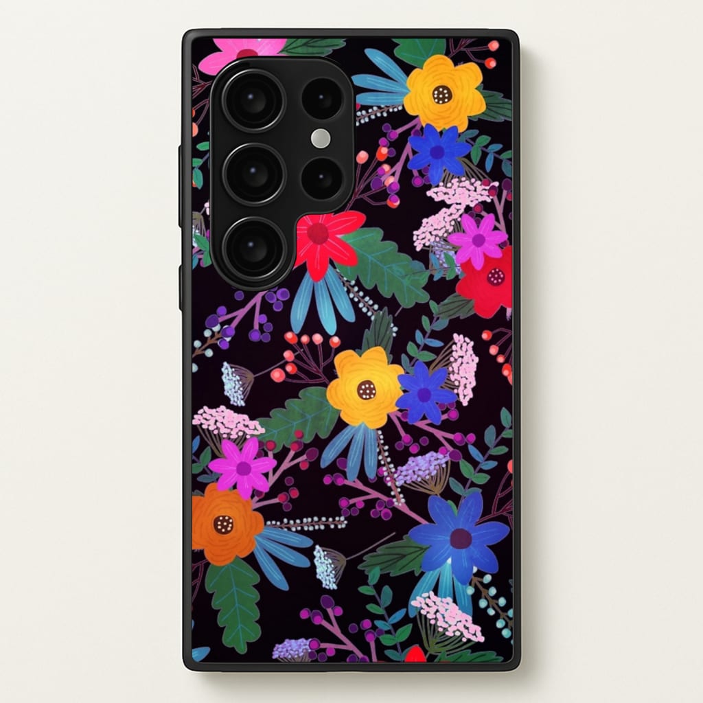 Black & Colourful Floral Pattern - Floral Phone Case for Galaxy S24 Ultra