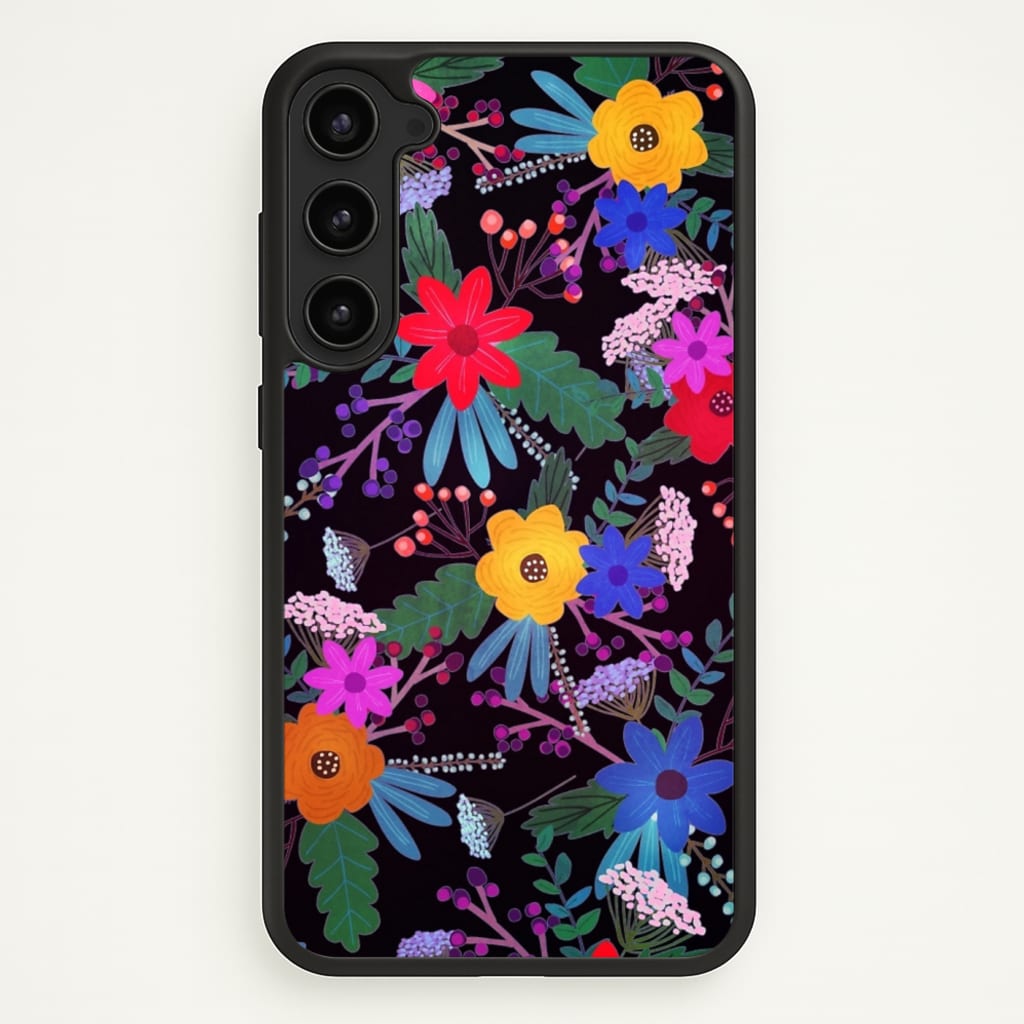 Black & Colourful Floral Pattern - Floral Phone Case for Galaxy S23 Plus