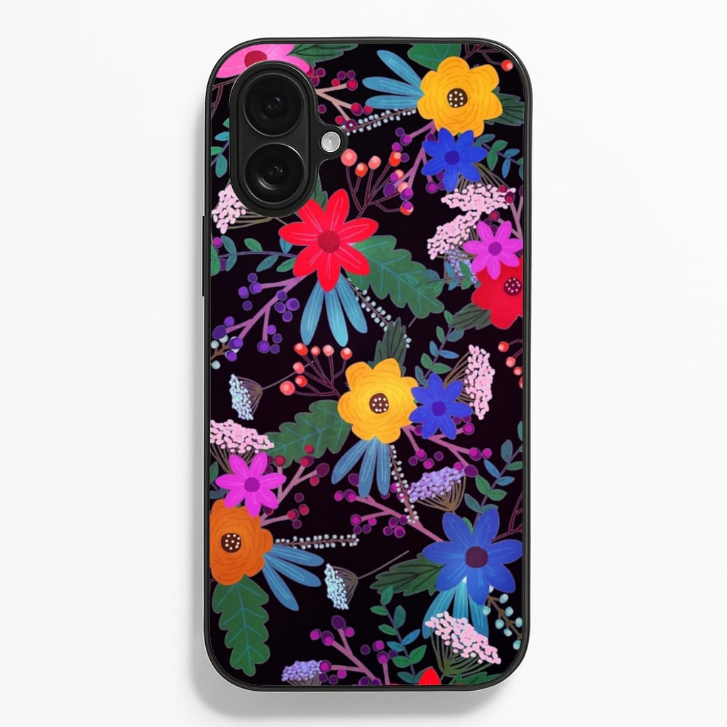 Black & Colourful Floral Pattern - Floral Phone Case for iPhone 16 Plus