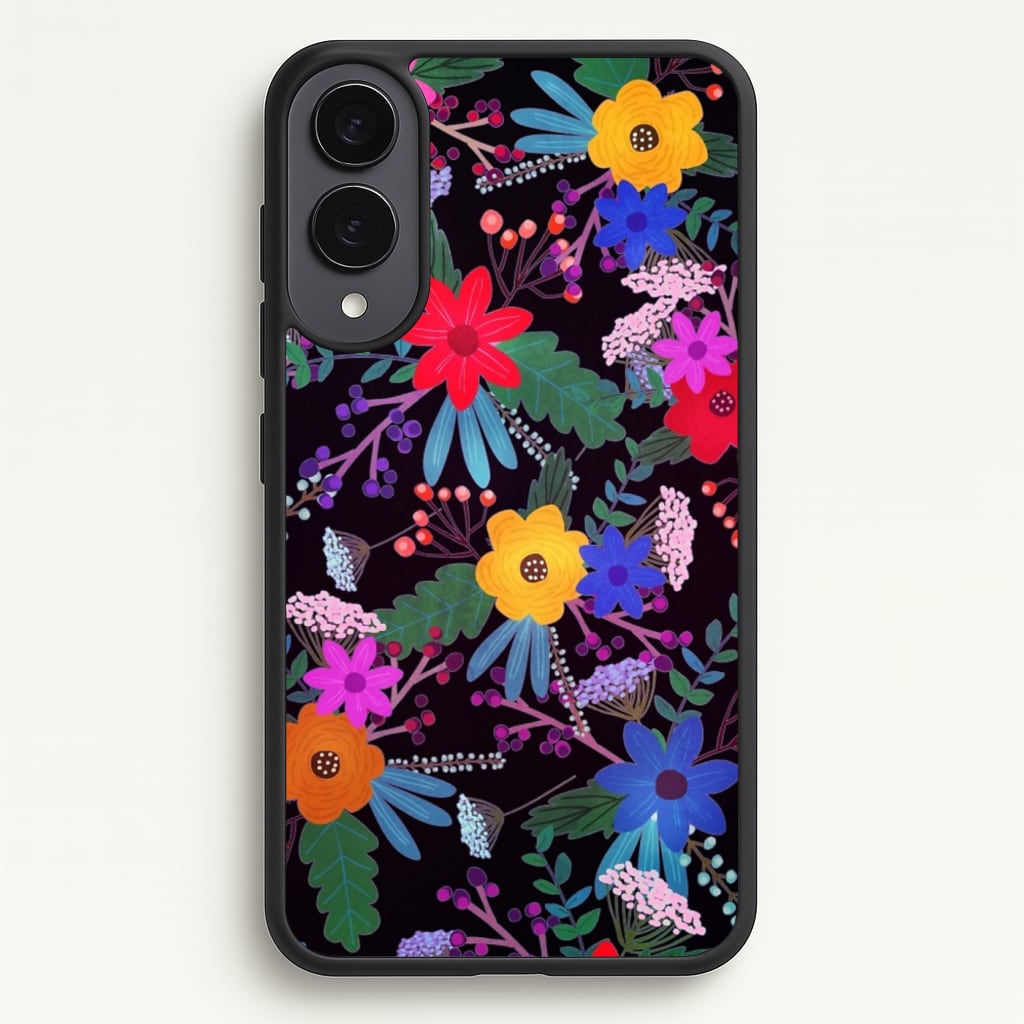Black & Colourful Floral Pattern - Floral Phone Case for Galaxy S25 Edge