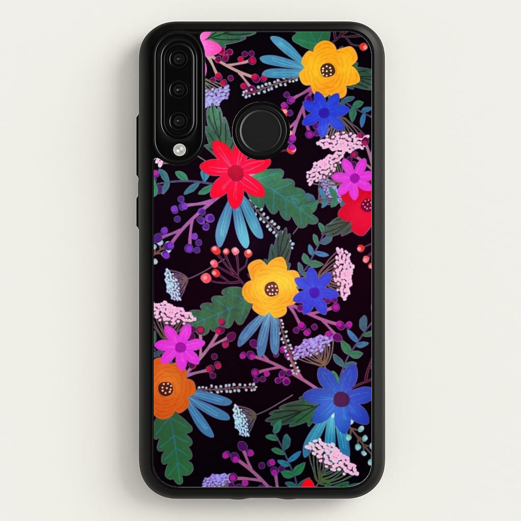 Black & Colourful Floral Pattern - Floral Phone Case for Huawei P30 Lite