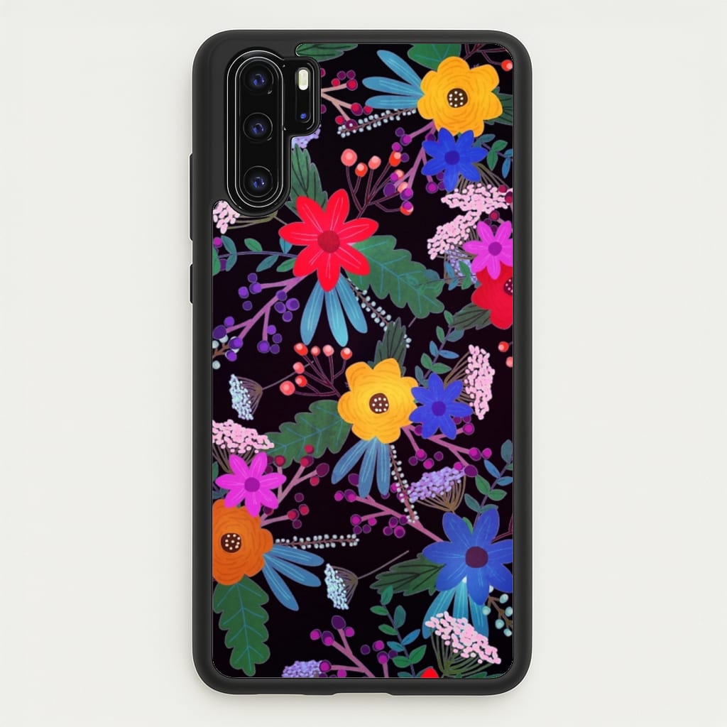 Black & Colourful Floral Pattern - Floral Phone Case for Huawei P30 Pro