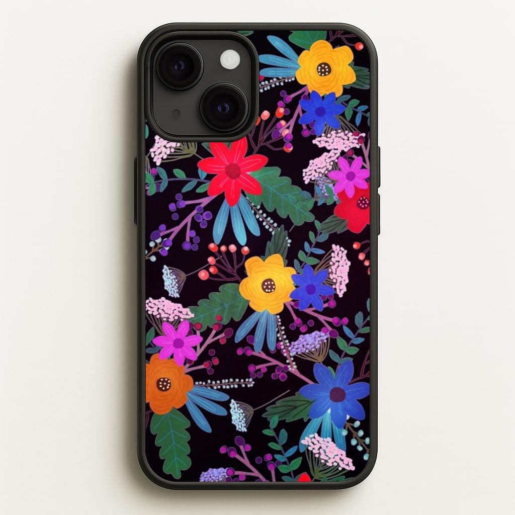 Black & Colourful Floral Pattern - Floral Phone Case for iPhone 13