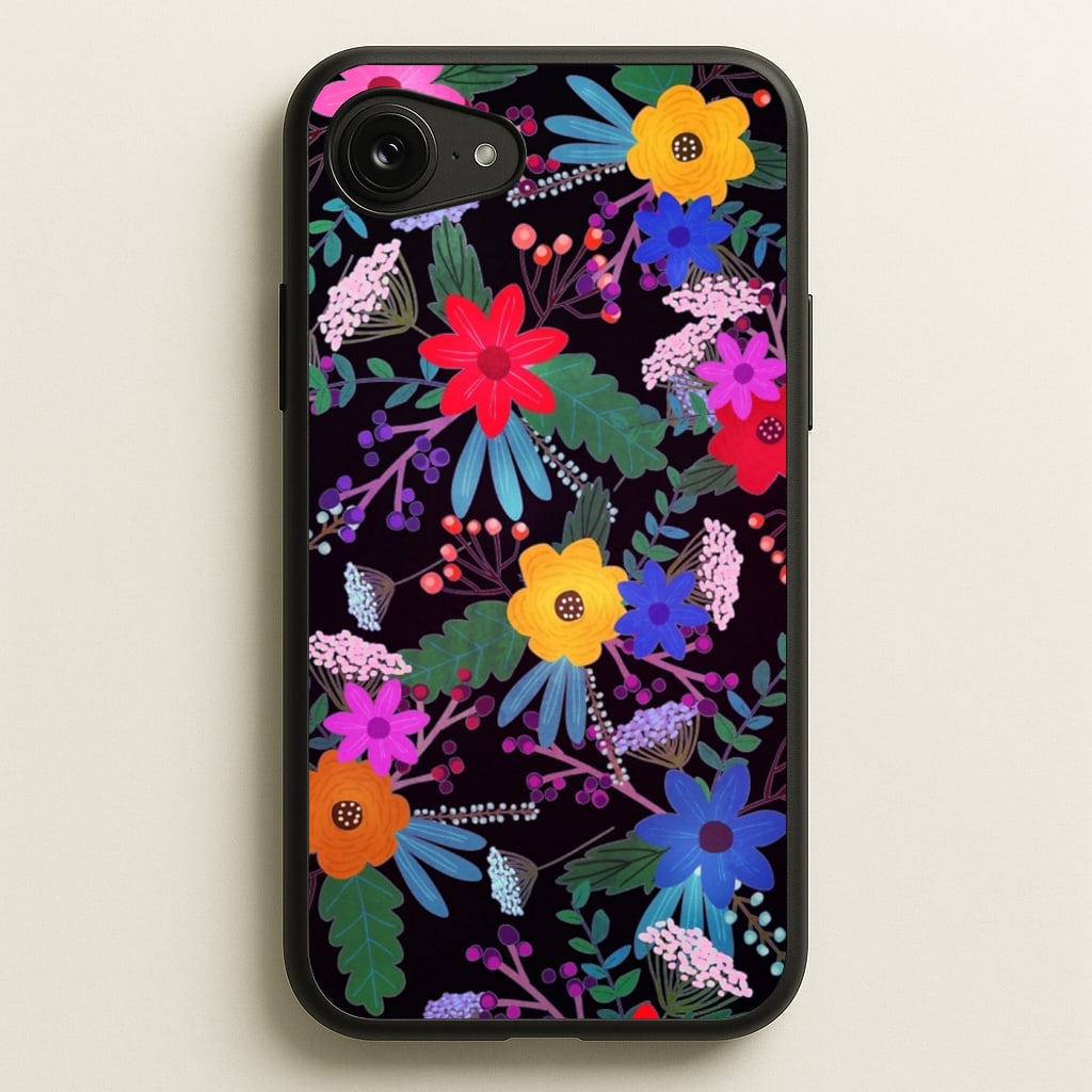 Black & Colourful Floral Pattern - Floral Phone Case for iPhone 16e