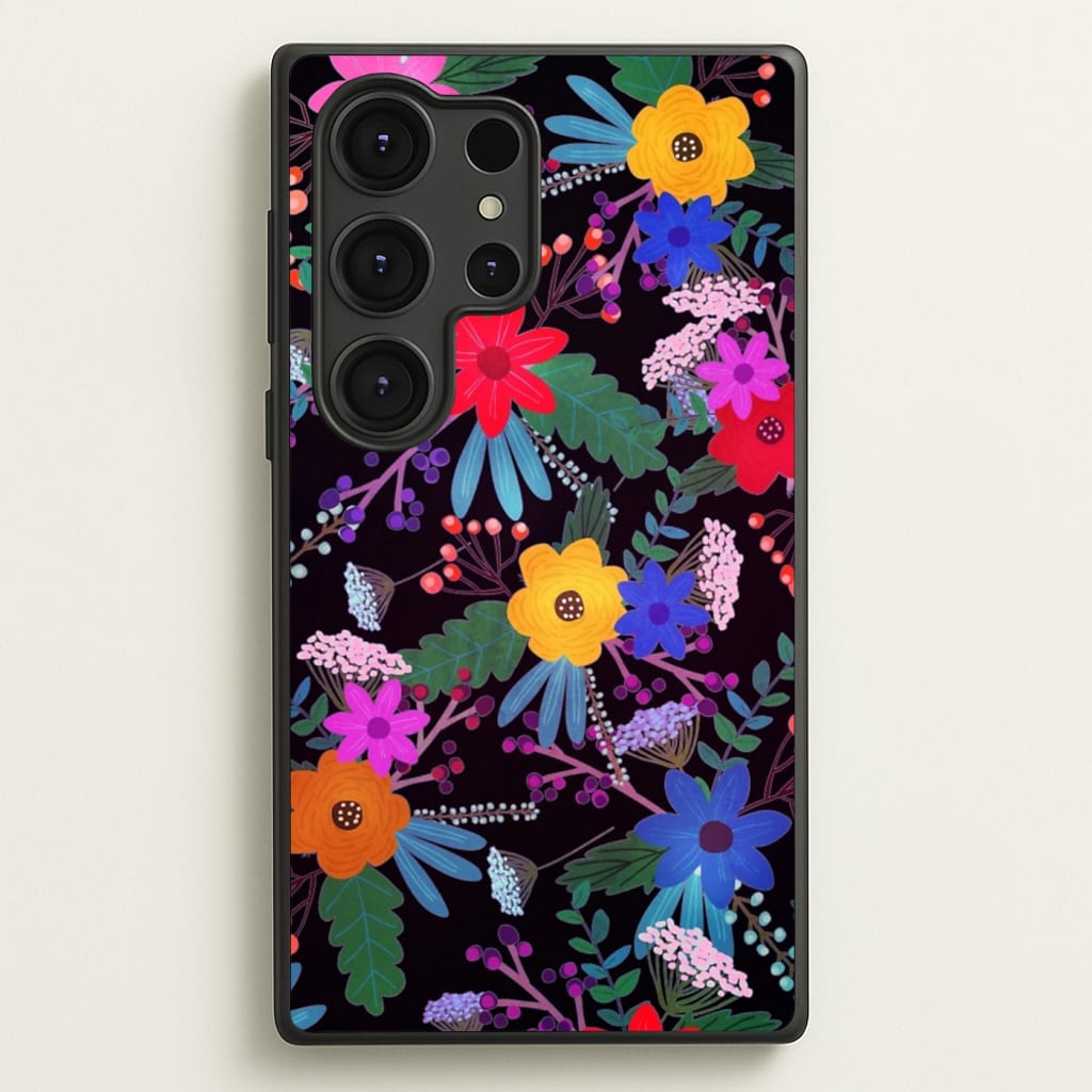 Black & Colourful Floral Pattern - Floral Phone Case for Galaxy S25 Ultra