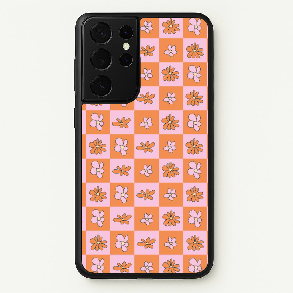 Orange And Pink Checked - Floral Patterns - Floral Patterns Phone Case for Galaxy S21 Ultra