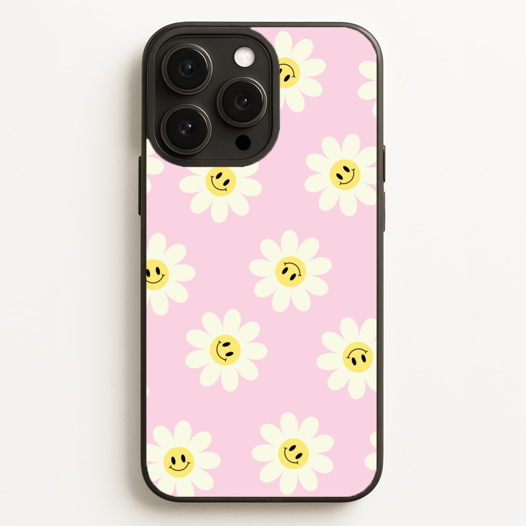 Pastel Pink Smiley Daisies Pattern - Floral Phone Case for iPhone 16 Pro Max