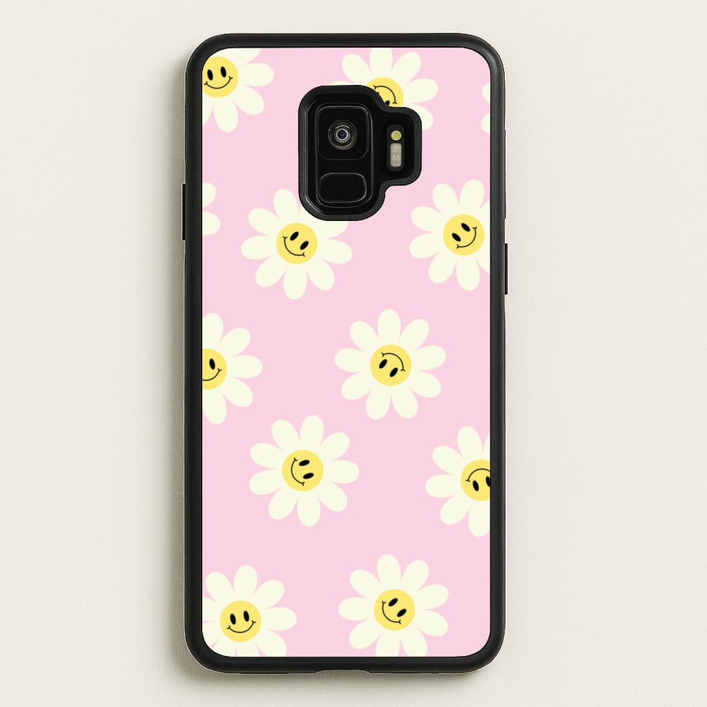 Pastel Pink Smiley Daisies Pattern - Floral Phone Case for Galaxy S9