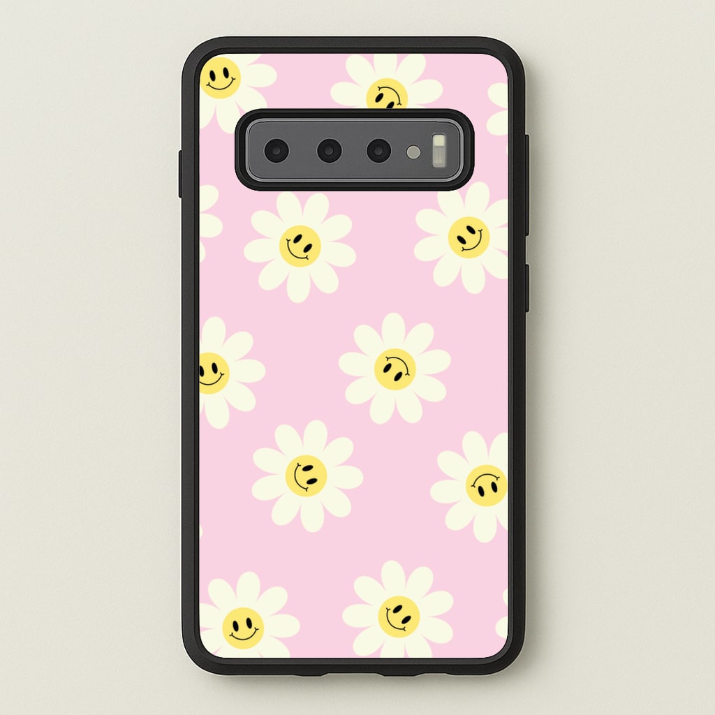 Pastel Pink Smiley Daisies Pattern - Floral Phone Case for Galaxy S10 Plus