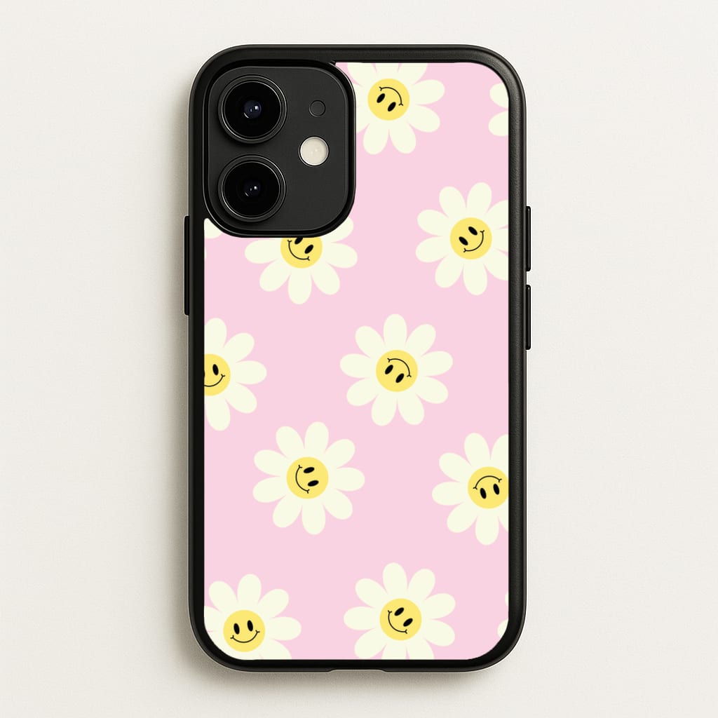 Pastel Pink Smiley Daisies Pattern - Floral Phone Case for iPhone 12 Mini