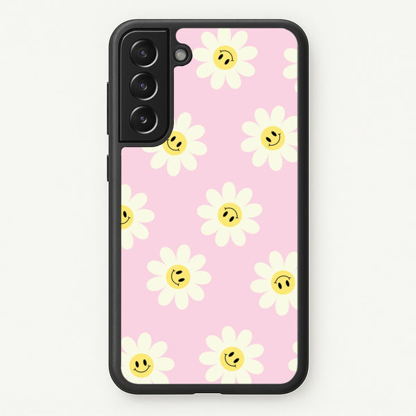 Pastel Pink Smiley Daisies Pattern - Floral Phone Case for Galaxy S22