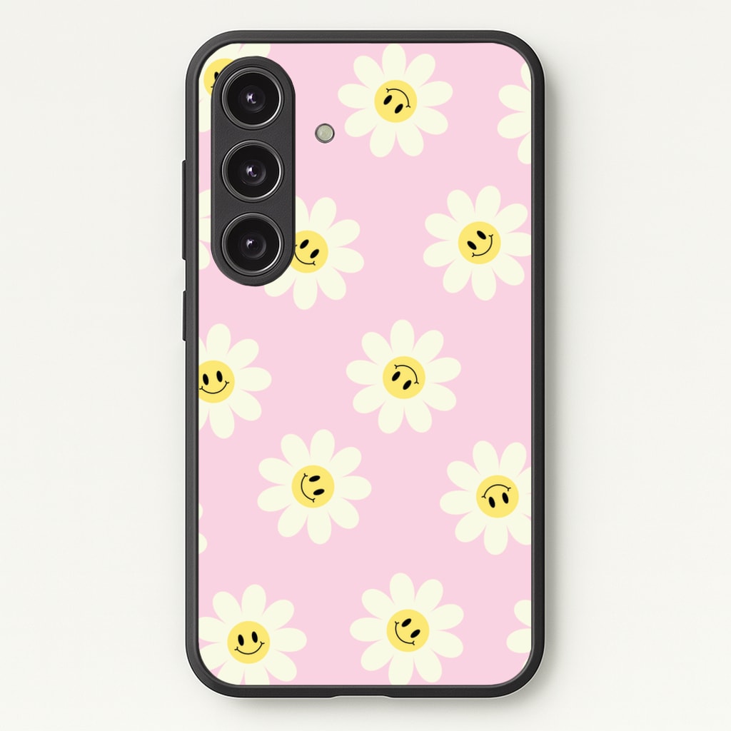Pastel Pink Smiley Daisies Pattern - Floral Phone Case for Galaxy S24FE