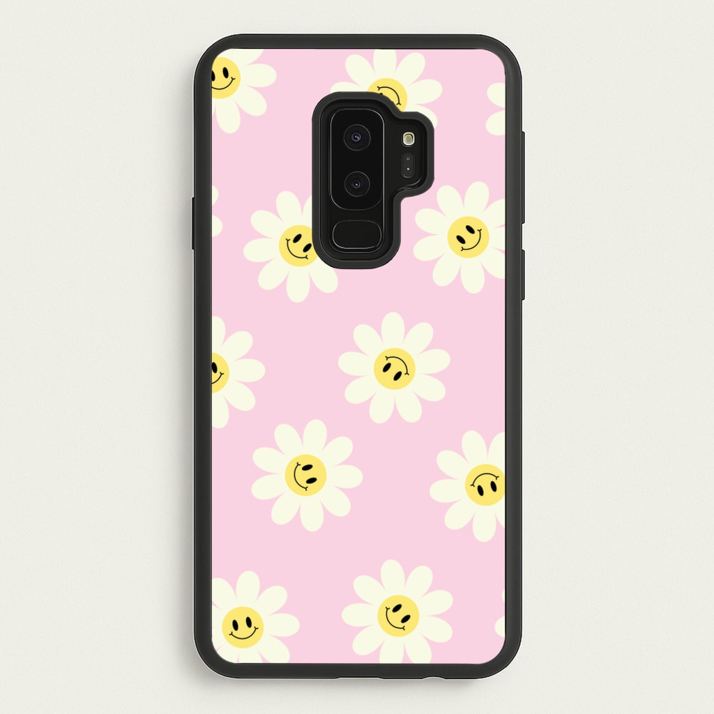 Pastel Pink Smiley Daisies Pattern - Floral Phone Case for Galaxy S9 Plus