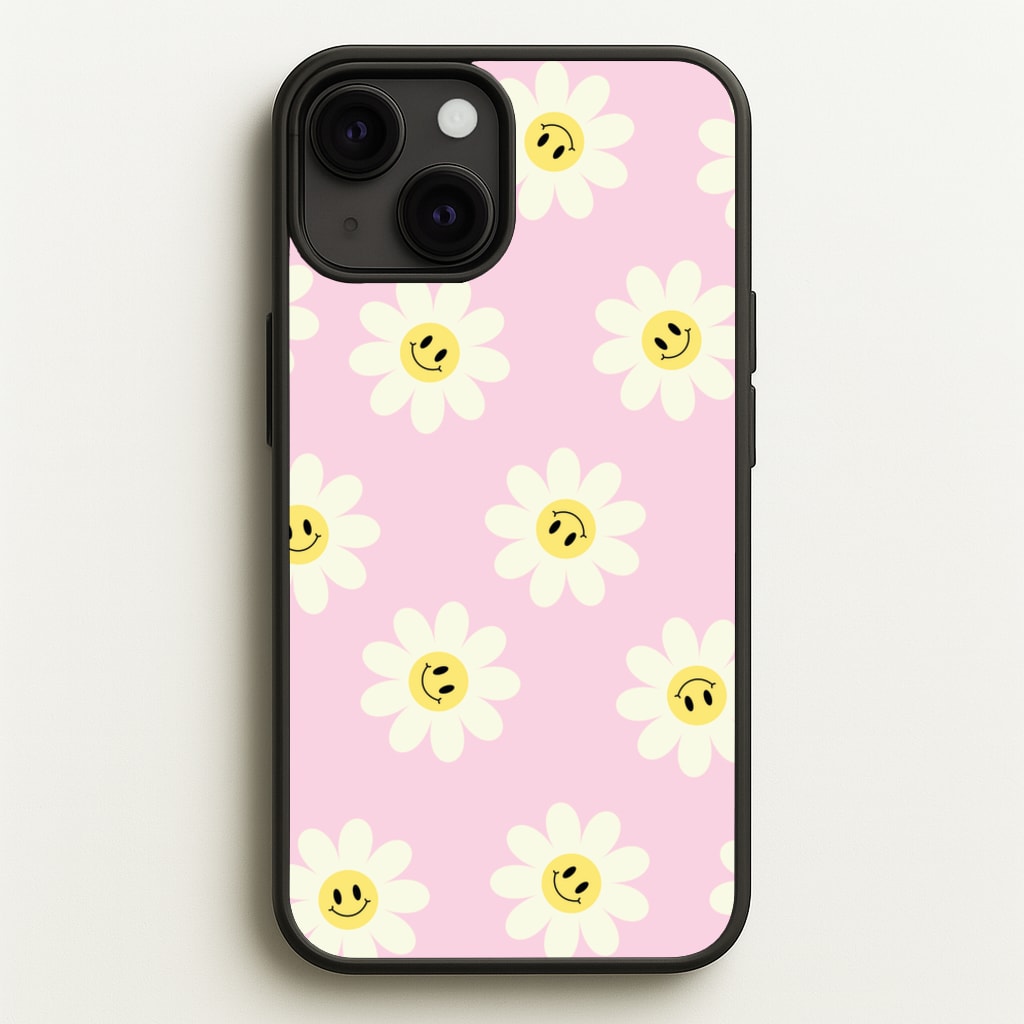 Pastel Pink Smiley Daisies Pattern - Floral Phone Case for iPhone 13 Mini