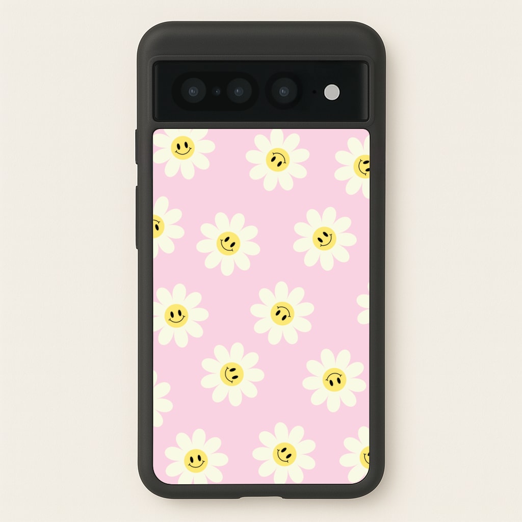Pastel Pink Smiley Daisies Pattern - Floral Phone Case for Google Pixel 7 Pro