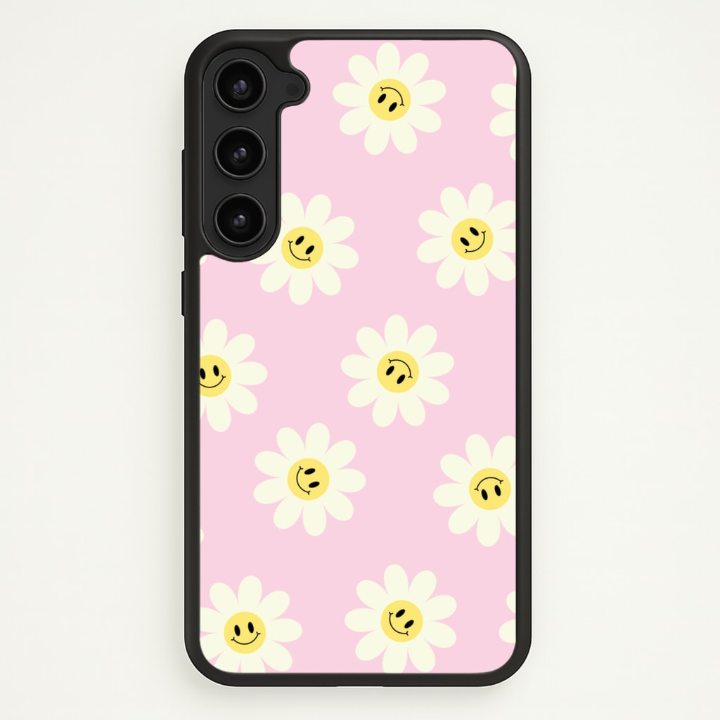 Pastel Pink Smiley Daisies Pattern - Floral Phone Case for Galaxy S23 Plus