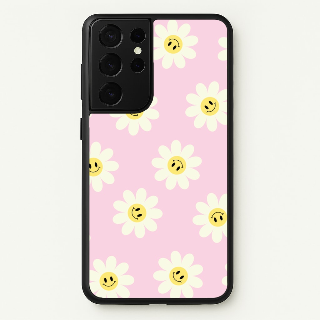Pastel Pink Smiley Daisies Pattern - Floral Phone Case for Galaxy S21 Ultra