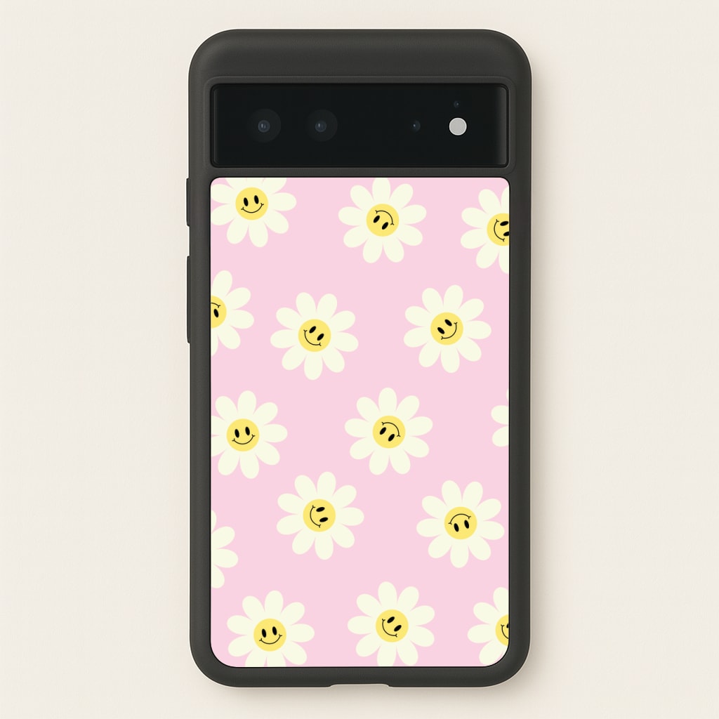 Pastel Pink Smiley Daisies Pattern - Floral Phone Case for Google Pixel 6