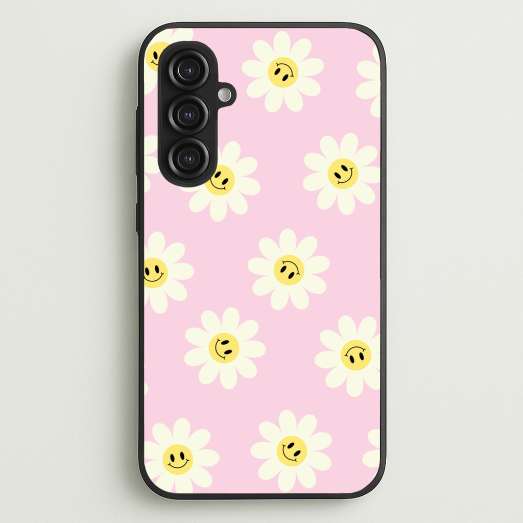 Pastel Pink Smiley Daisies Pattern - Floral Phone Case for Galaxy S23FE