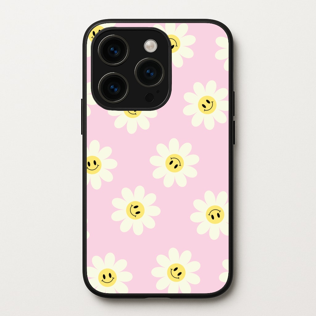 Pastel Pink Smiley Daisies Pattern - Floral Phone Case for iPhone 15 Pro Max