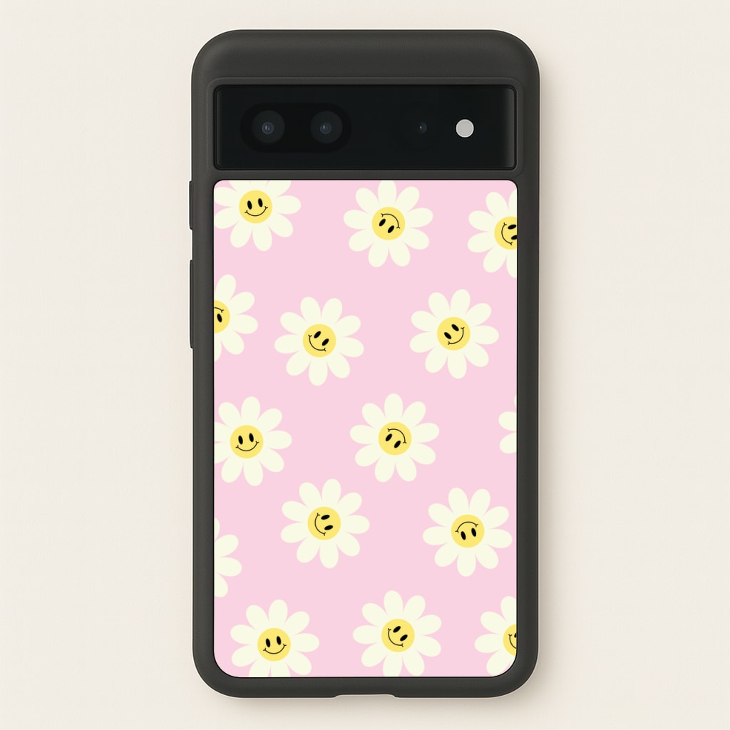 Pastel Pink Smiley Daisies Pattern - Floral Phone Case for Google Pixel 7