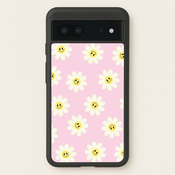 Pastel Pink Smiley Daisies Pattern - Floral Phone Case for Google Pixel 7