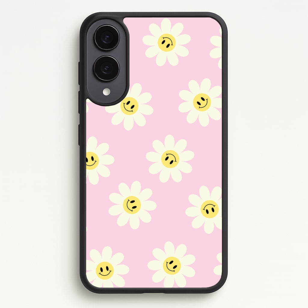 Pastel Pink Smiley Daisies Pattern - Floral Phone Case for Galaxy S25 Edge