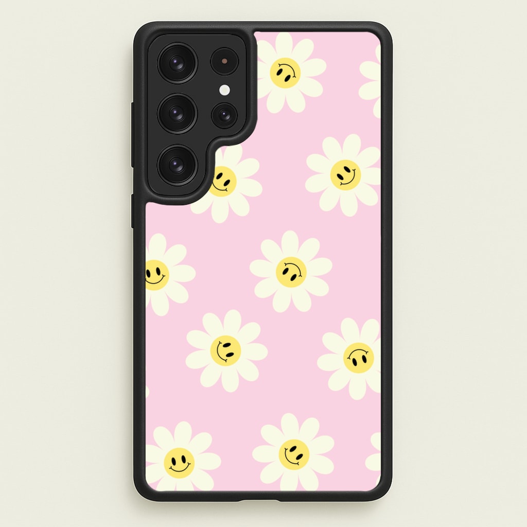 Pastel Pink Smiley Daisies Pattern - Floral Phone Case for Galaxy S23 Ultra