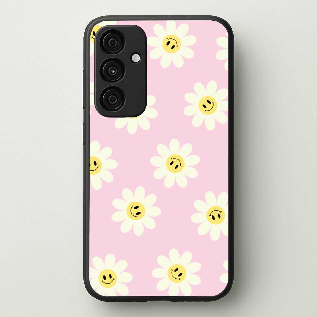 Pastel Pink Smiley Daisies Pattern - Floral Phone Case for Galaxy A55