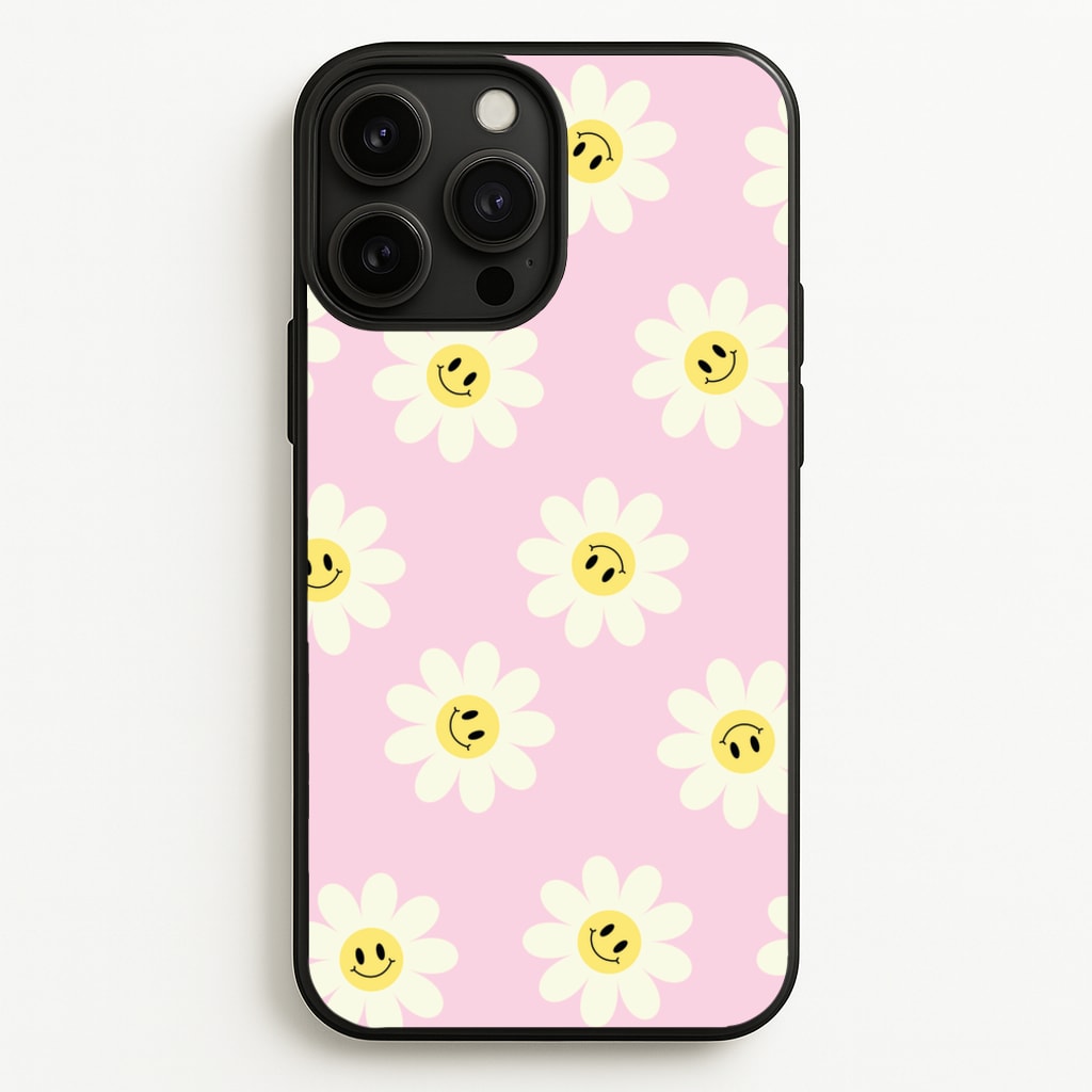Pastel Pink Smiley Daisies Pattern - Floral Phone Case for iPhone 13 Pro Max