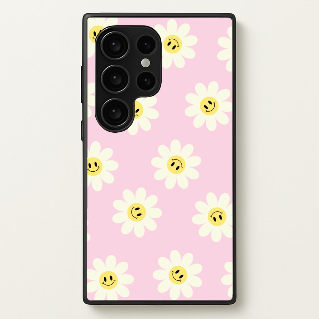 Pastel Pink Smiley Daisies Pattern - Floral Phone Case for Galaxy S24 Ultra