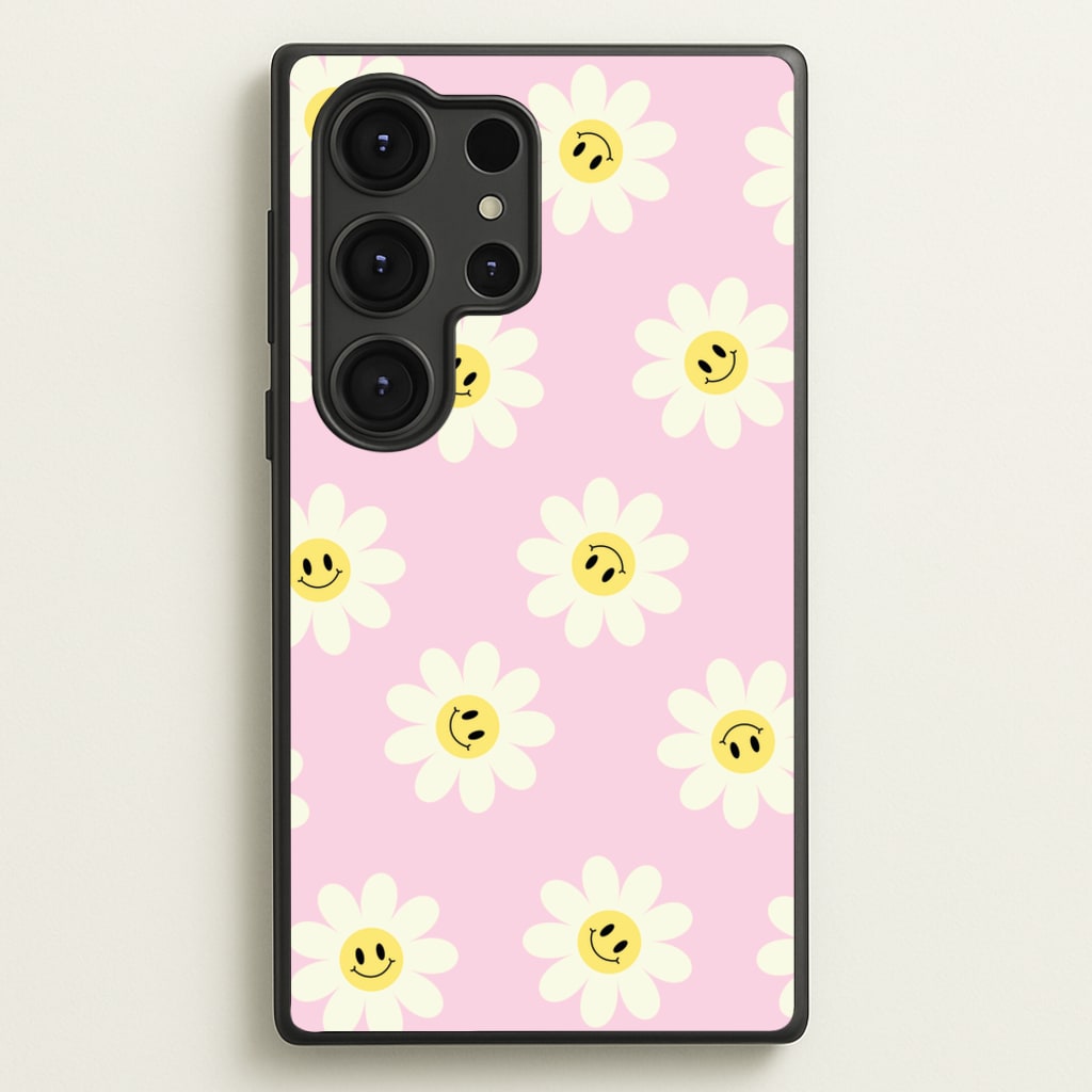 Pastel Pink Smiley Daisies Pattern - Floral Phone Case for Galaxy S25 Ultra