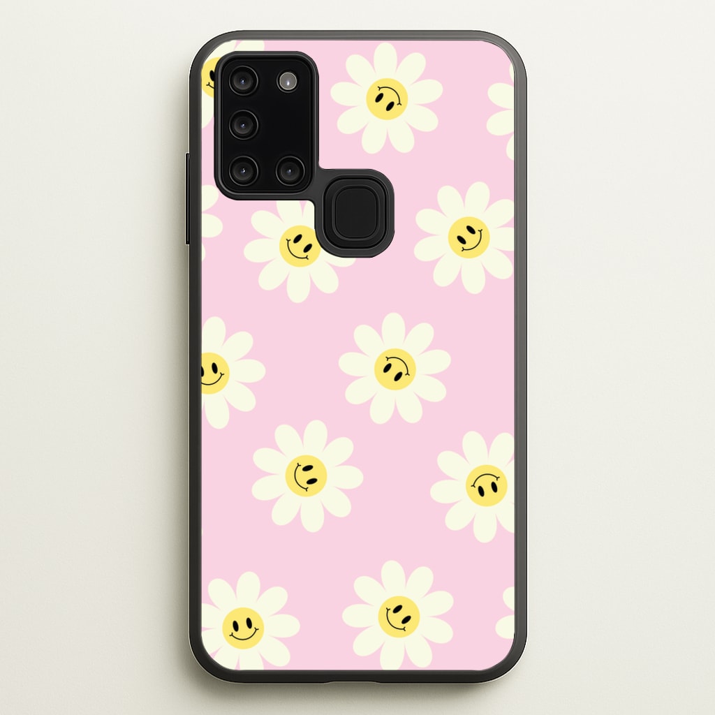 Pastel Pink Smiley Daisies Pattern - Floral Phone Case for Galaxy A21s