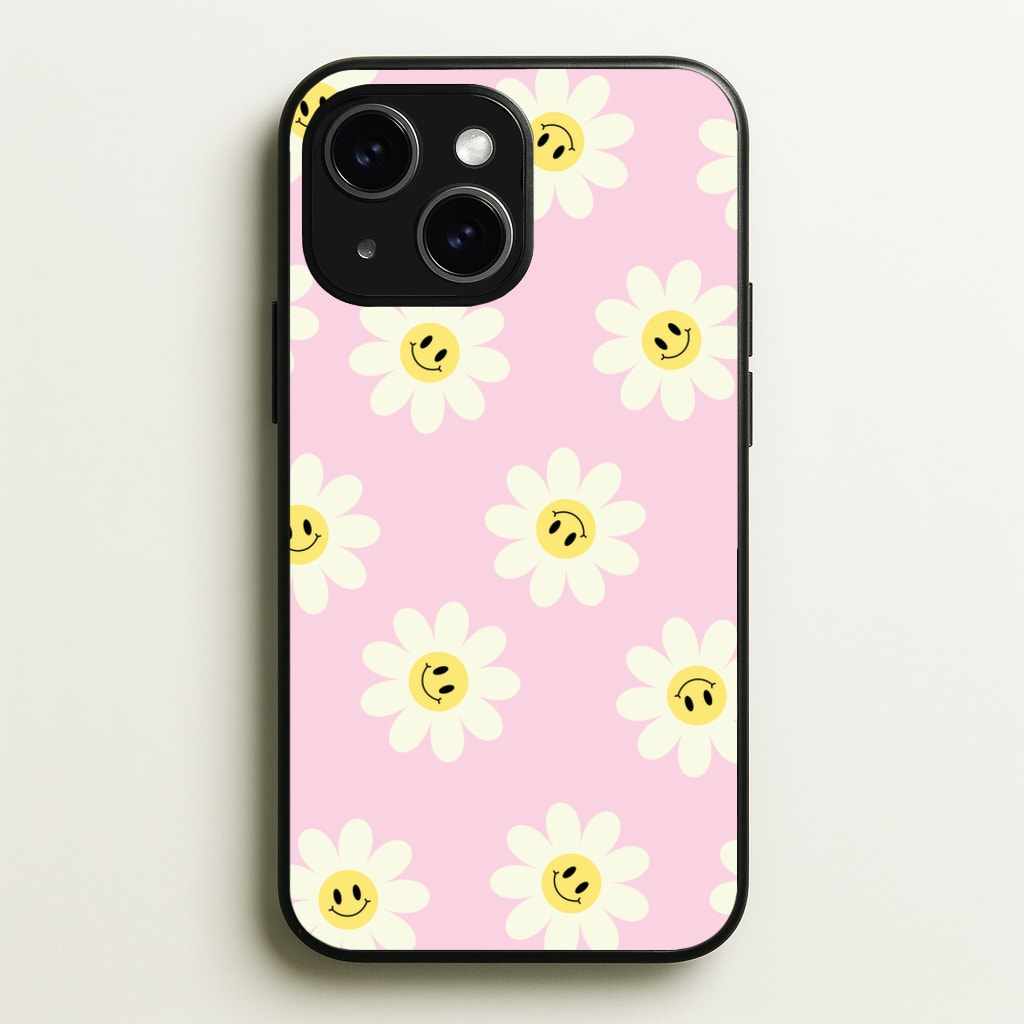 Pastel Pink Smiley Daisies Pattern - Floral Phone Case for iPhone 15