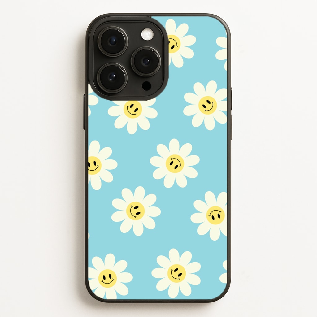 Pastel Blue Smiley Daisies Pattern - Floral Phone Case for iPhone 16 Pro Max