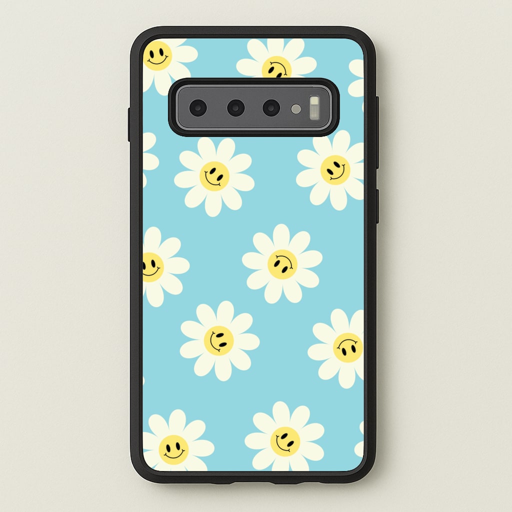 Pastel Blue Smiley Daisies Pattern - Floral Phone Case for Galaxy S10 Plus