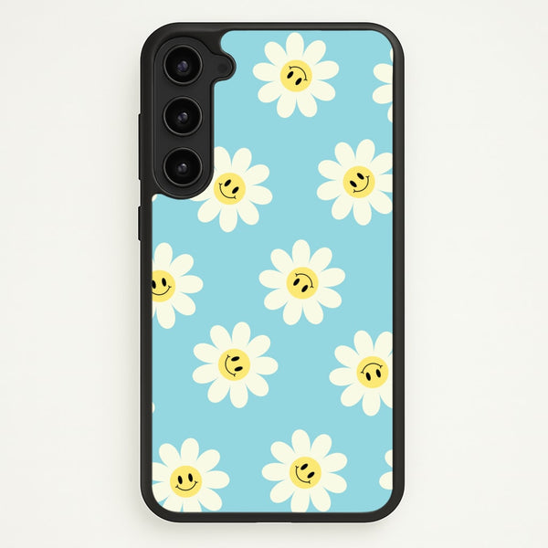 Pastel Blue Smiley Daisies Pattern - Floral Phone Case for Galaxy S23