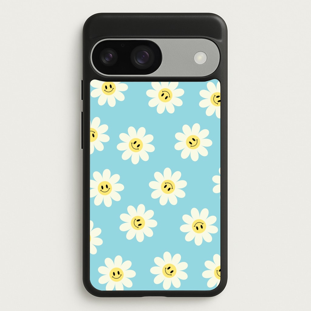 Pastel Blue Smiley Daisies Pattern - Floral Phone Case for Google Pixel 9 / 9 Pro