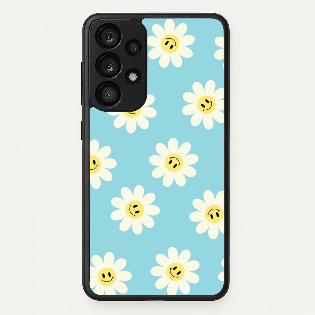 Pastel Blue Smiley Daisies Pattern - Floral Phone Case for Galaxy A53