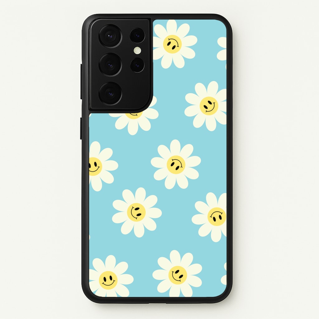 Pastel Blue Smiley Daisies Pattern - Floral Phone Case for Galaxy S21 Ultra